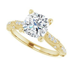 14K Solid Gold 7x7 mm Cushion Forever One™ Colorless Lab-Grown Moissanite & 1/10 CTW Natural Diamond Engagement Ring