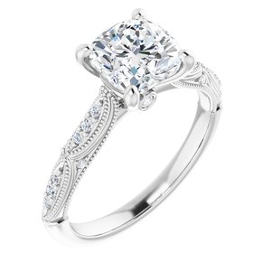 14K Solid Gold 7x7 mm Cushion Forever One™ Colorless Lab-Grown Moissanite & 1/10 CTW Natural Diamond Engagement Ring