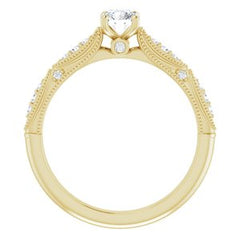 14K Solid Gold 4 mm Round Forever One™ Near Colorless Lab-Grown Moissanite & 1/8 CTW Natural Diamond Engagement Ring
