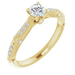 14K Solid Gold 4 mm Round Forever One™ Near Colorless Lab-Grown Moissanite & 1/8 CTW Natural Diamond Engagement Ring