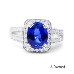 1ct Blue Sapphire Diamond Pave Engagement Ring on 14k White Gold Split Shank - Eagle Claw Center Setting