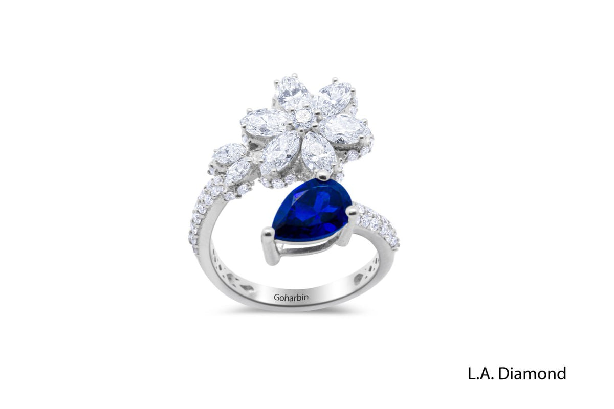 Fancy Diamond and Sapphire Open Ring in 14k White Gold