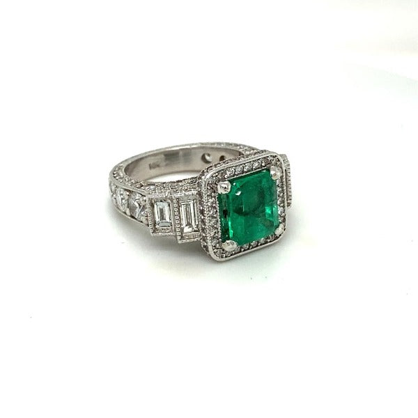 5.12 CT. T.W. Cushion-Cut Emerald and Diamond Ring in White Gold - LA DIAMOND