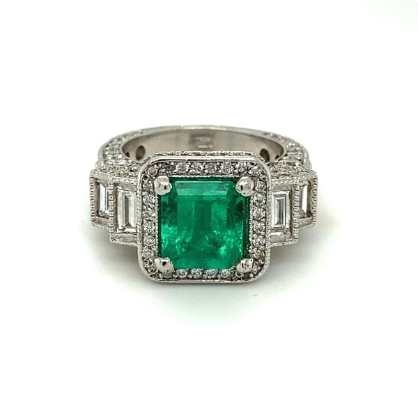 5.12 CT. T.W. Cushion-Cut Emerald and Diamond Ring in White Gold - LA DIAMOND